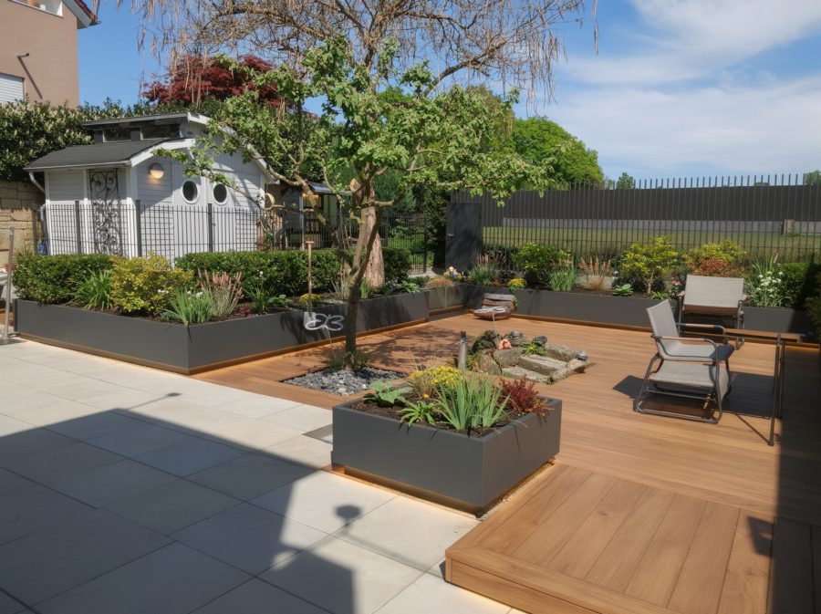 Gartenstil Dachterrasse / Urban – große Pflanzkübel, Lounge, Sichtschutz
